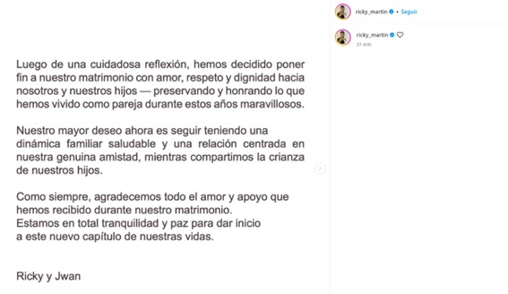 Que dice el comunicado de Ricky Martin sobre su separacion de Jwan Yosef